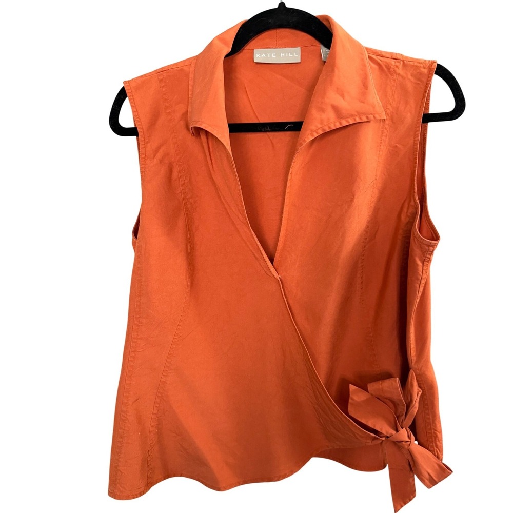 Kate Hill Wrap Top 14 Orange 100%Silk Sleeveless Summer Boho Chic Lightweight